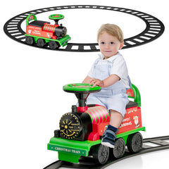 6V Kids Ride On Christmas Train with 16 Track Pieces, Whistle and Anti Tilt Device, Green