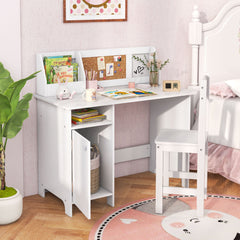 Wooden Kids Study Desk and Chair Set with Storage Cabinet and Bulletin Board-White