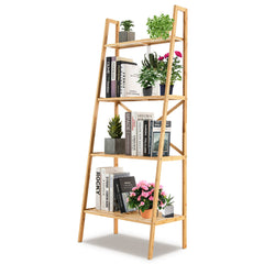 58 Inch 4 Tier Bamboo Ladder Bookshelf and Plant Stand, Natural