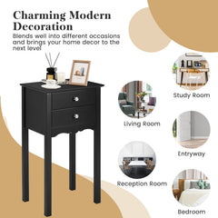 Vintage Style Side Table with 2 Drawers, Tall Black Accent Nightstand