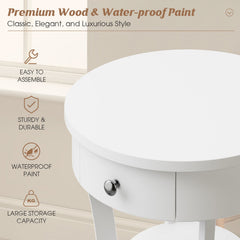 2 Tier Round End Table with Drawer and Curved Legs, White