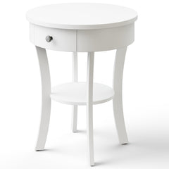 2 Tier Round End Table with Drawer and Curved Legs, White