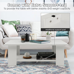 Large 2-Tier Wooden Coffee Table with Open Storage Shelf, White