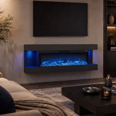 3-Sided Black Wall Mount Electric WiFi Fireplace with Floating Mantel and 12 Flame Ambient-50 Inches
