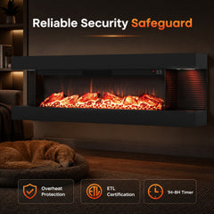 3-Sided Black Wall Mount Electric WiFi Fireplace with Floating Mantel and 12 Flame Ambient-50 Inches