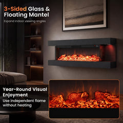3-Sided Black Wall Mount Electric WiFi Fireplace with Floating Mantel and 12 Flame Ambient-50 Inches
