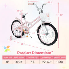 18 Inch Girls Bike with Basket, Kickstand and Removable Training Wheels, Pink