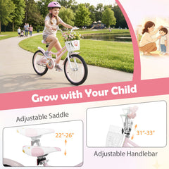 18 Inch Girls Bike with Basket, Kickstand and Removable Training Wheels, Pink