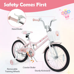18 Inch Girls Bike with Basket, Kickstand and Removable Training Wheels, Pink