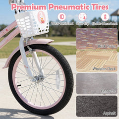 18 Inch Girls Bike with Basket, Kickstand and Removable Training Wheels, Pink
