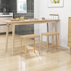 Set of 2 Woven Paper Rope Dining Stools, 18 Inch Seat Height, Natural Rubber Wood Frame
