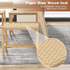 Set of 2 Woven Paper Rope Dining Stools, 18 Inch Seat Height, Natural Rubber Wood Frame