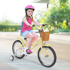 18 Inch Retro Kids Bike with Wicker Basket, Kickstand and Training Wheels, Yellow