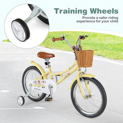 18 Inch Retro Kids Bike with Wicker Basket, Kickstand and Training Wheels, Yellow
