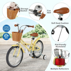 18 Inch Retro Kids Bike with Wicker Basket, Kickstand and Training Wheels, Yellow