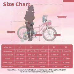 18 Inch Girls Bike with Basket, Streamers and Kickstand, Mermaid Theme, Pink