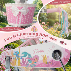 18 Inch Girls Bike with Basket, Streamers and Kickstand, Mermaid Theme, Pink