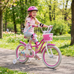 18 Inch Girls Bike with Basket, Ribbons and Mudguards, Mermaid Theme, Rose Red