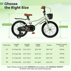 18 Inch Kids Bike with Basket, Kickstand and Detachable Training Wheels, Green