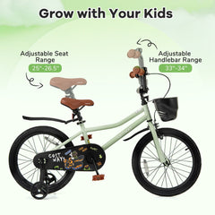 18 Inch Kids Bike with Basket, Kickstand and Detachable Training Wheels, Green