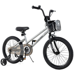 18 Inch Kids Bike with Basket, Kickstand and Detachable Training Wheels, Silver