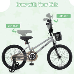 18 Inch Kids Bike with Basket, Kickstand and Detachable Training Wheels, Silver