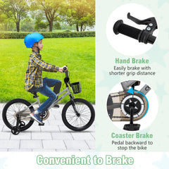 18 Inch Kids Bike with Basket, Kickstand and Detachable Training Wheels, Silver