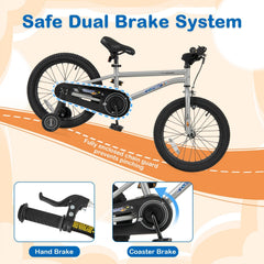 18 Inch Kids Bike with High Carbon Steel Frame, Kickstand and Training Wheels, Silver
