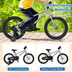18 Inch Kids Bike with High Carbon Steel Frame, Kickstand and Training Wheels, Silver