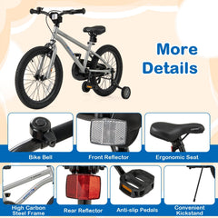 18 Inch Kids Bike with High Carbon Steel Frame, Kickstand and Training Wheels, Silver