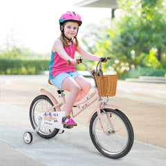 18 Inch Retro Kids Bike with Wicker Basket, Kickstand and Training Wheels, Pink