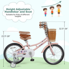 18 Inch Retro Kids Bike with Wicker Basket, Kickstand and Training Wheels, Pink