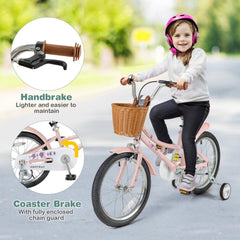 18 Inch Retro Kids Bike with Wicker Basket, Kickstand and Training Wheels, Pink