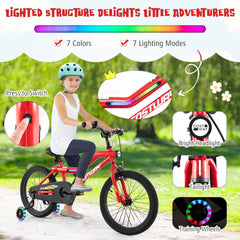 18 Inch LED Lighted Kids Bike with Headlight and Training Wheels, Red