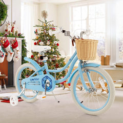 18 Inch Kids Bike with Wicker Basket, Kickstand and Training Wheels, Blue
