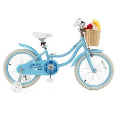 18 Inch Kids Bike with Wicker Basket, Kickstand and Training Wheels, Blue