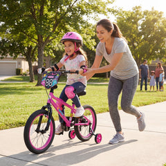 18 Inch Kids Bike with Training Wheels, Number Plate and Kickstand, Pink