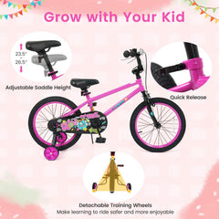 18 Inch Kids Bike with Training Wheels, Number Plate and Kickstand, Pink