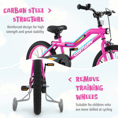 18 Inch LED Lighted Kids Bike with Headlight and Training Wheels, Pink