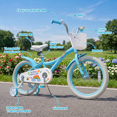 18 Inch Girls Bike with Basket, Kickstand and Training Wheels, Blue