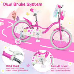 18 Inch Girls Bike with Front Bag, Streamers and Training Wheels, Pink