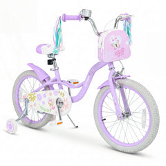 18 Inch Girls Bike with Front Bag, Kickstand and Training Wheels, Purple