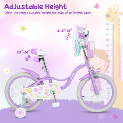 18 Inch Girls Bike with Front Bag, Kickstand and Training Wheels, Purple