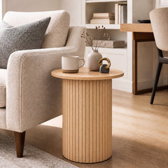 18 inches Round Fluted Side Table with Pedestal Drum Design and Non-Slip Foot Pads for Small Spaces-Natrual