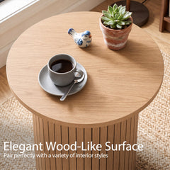 18 inches Round Fluted Side Table with Pedestal Drum Design and Non-Slip Foot Pads for Small Spaces-Natrual