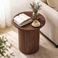 18 inches Round Fluted Side Table with Pedestal Drum Design and Non-Slip Foot Pads for Small Spaces-Walnut