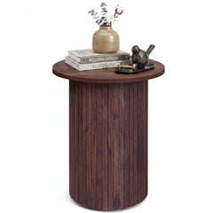 18 inches Round Fluted Side Table with Pedestal Drum Design and Non-Slip Foot Pads for Small Spaces-Walnut