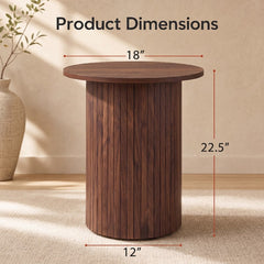 18 inches Round Fluted Side Table with Pedestal Drum Design and Non-Slip Foot Pads for Small Spaces-Walnut
