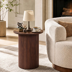18 inches Round Fluted Side Table with Pedestal Drum Design and Non-Slip Foot Pads for Small Spaces-Walnut