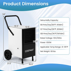 189 Pint Commercial Dehumidifier with Built-in Pump, 16 ft Lift, 8 in Wheels, Upright, Black and White